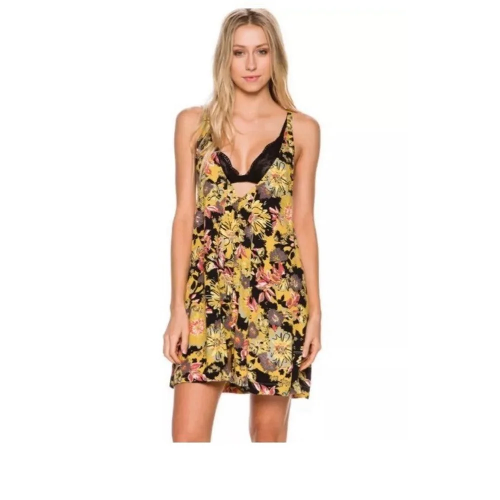 Free People Jump Jive Floral Mini Dress 4 V-Neck Sunflower Combo Boho Festival